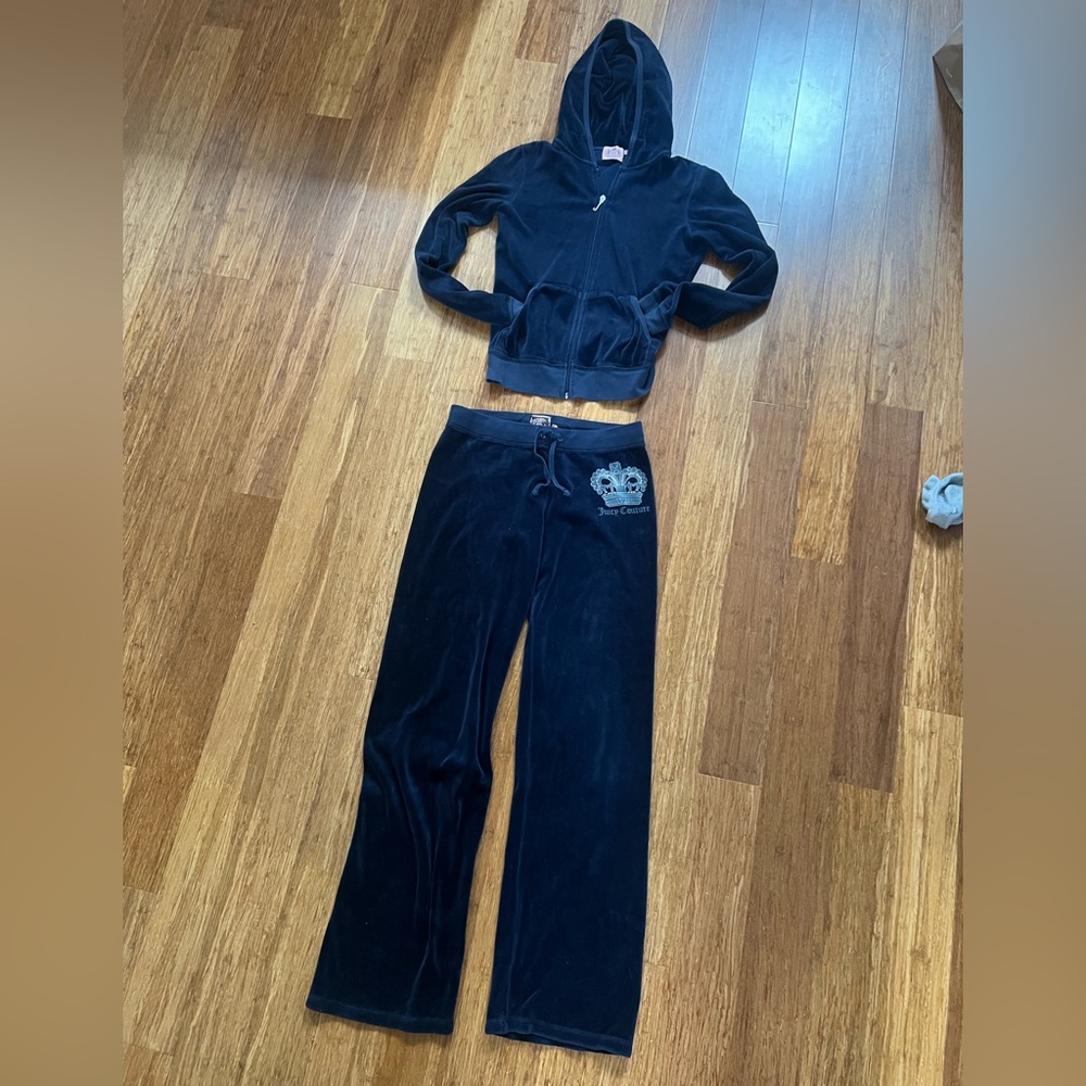Juicy Couture Navy Velour Set Hoodie Sz S & pant Sz 14